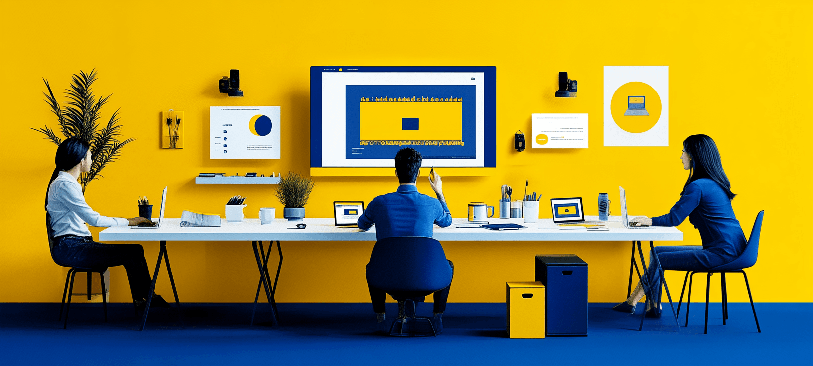 Team collaborating in a modern blue and yellow workspace with large display and laptops